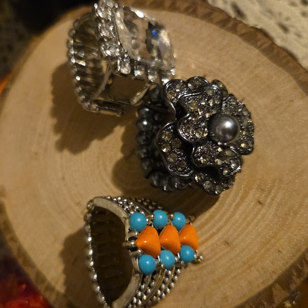 3 Stretch Silver, Crystal and Turquoise Ring Bundle